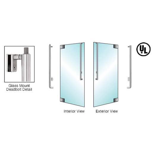 Brushed stainless right-hand reverse glass mount deadbolt handle with keyed cylinder.