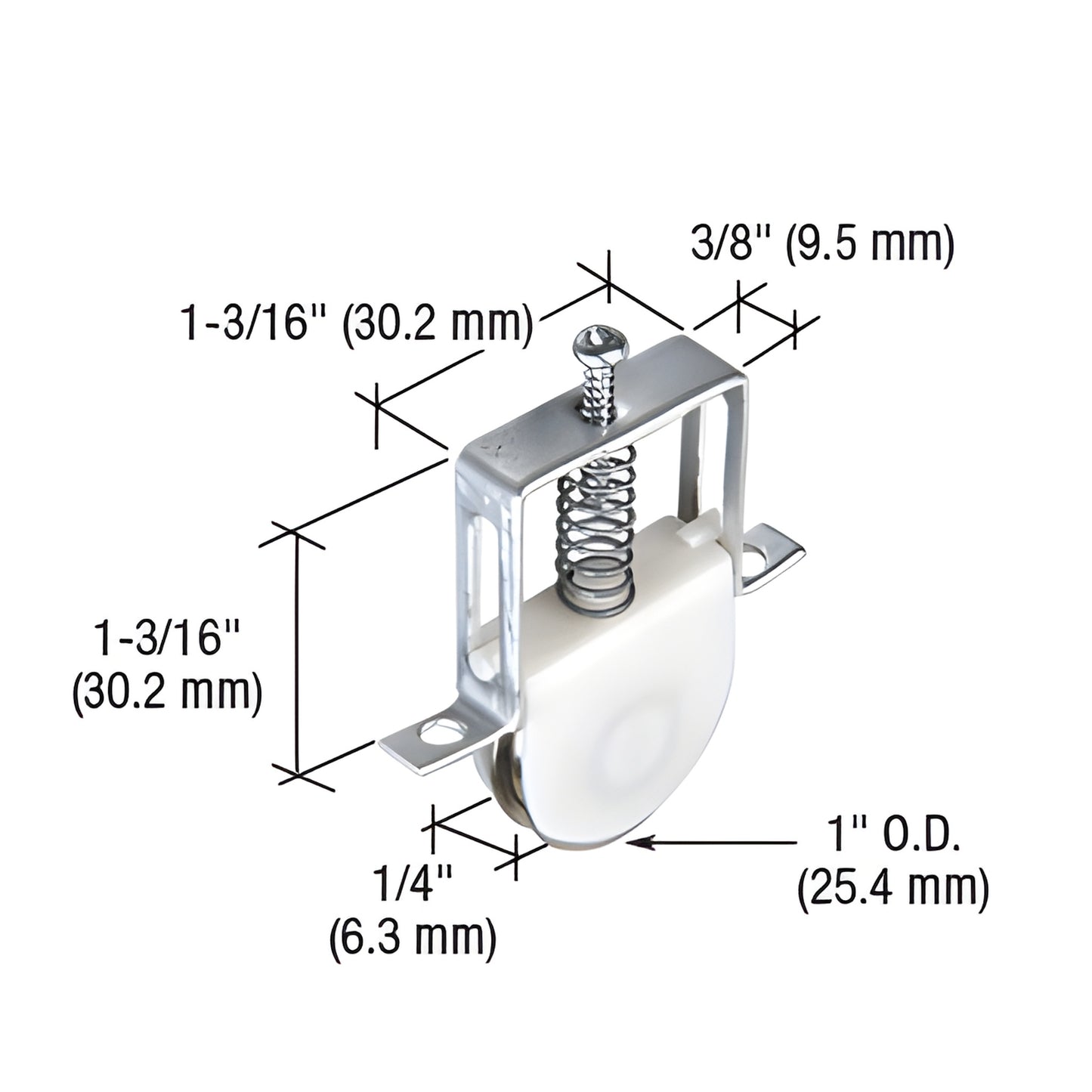 CRL B617 sliding screen door roller - aluminum housing with spring and 1" white concave nylon wheel, fits Columbia doors.