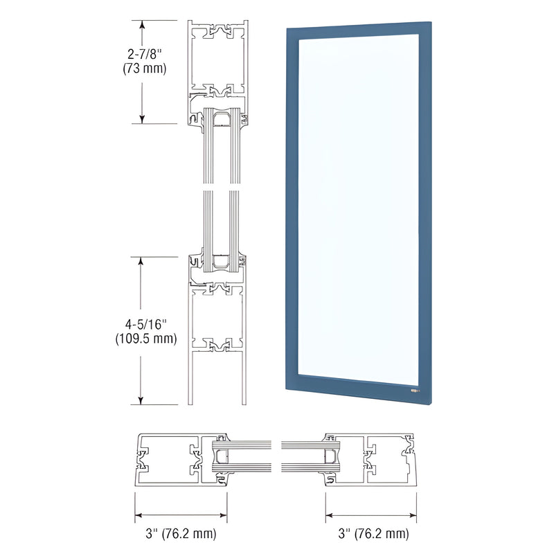 CRL blank narrow-stile entrance door SKU 1D21671 - blue Kynar frame with glass, 3" stiles, 4-5/16" bottom rail.