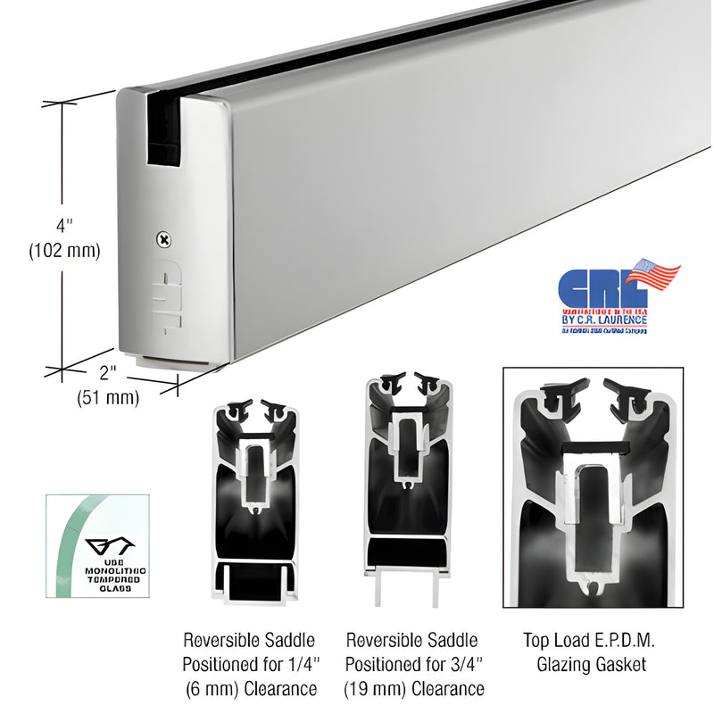 A satin anodized square sidelite rail shown with dimension labels and cross-section diagrams of the reversible saddle and glazing gasket.