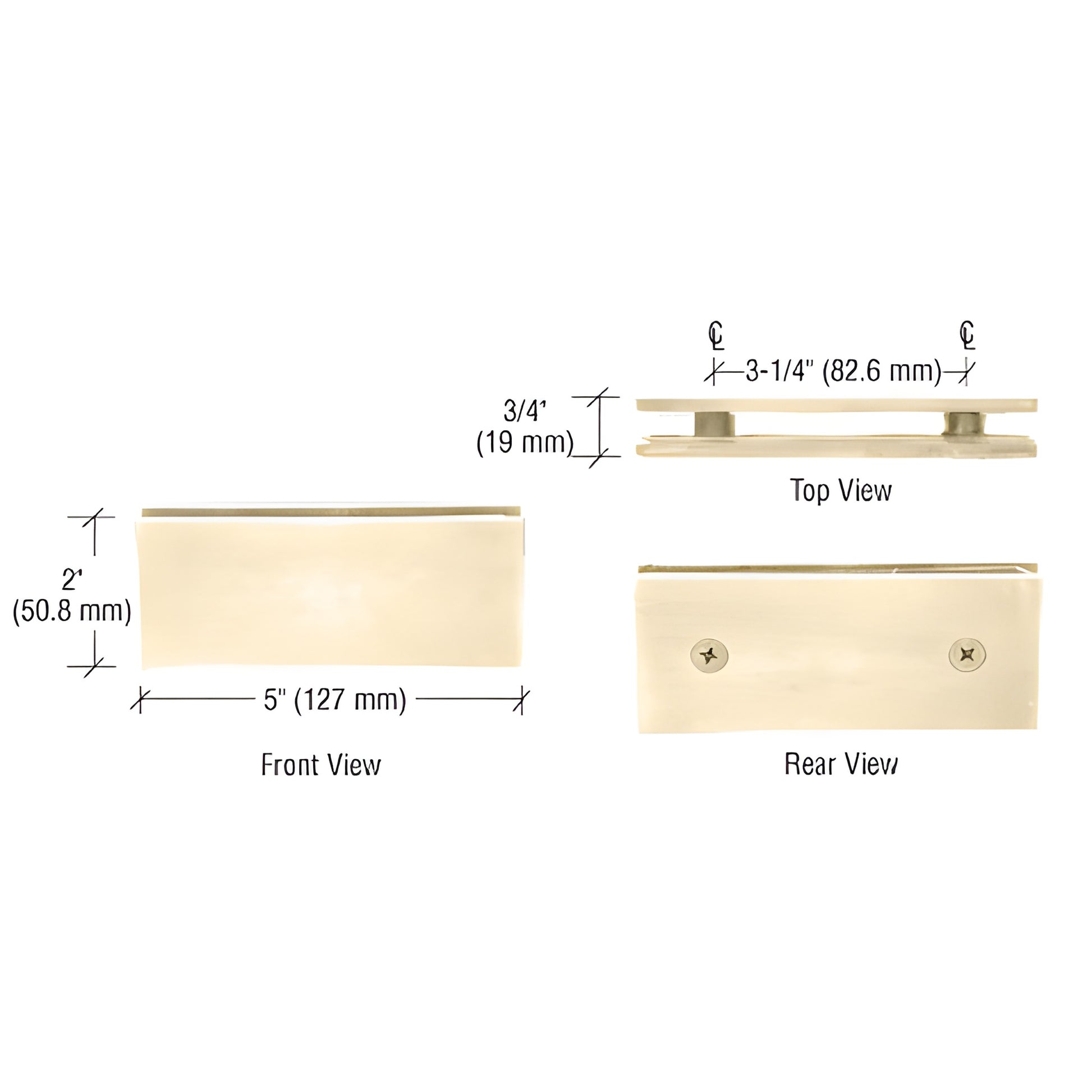 SGC180BR polished brass square 180 glass-to-glass clamp, solid brass, 5"x2", for 10-12mm tempered glass