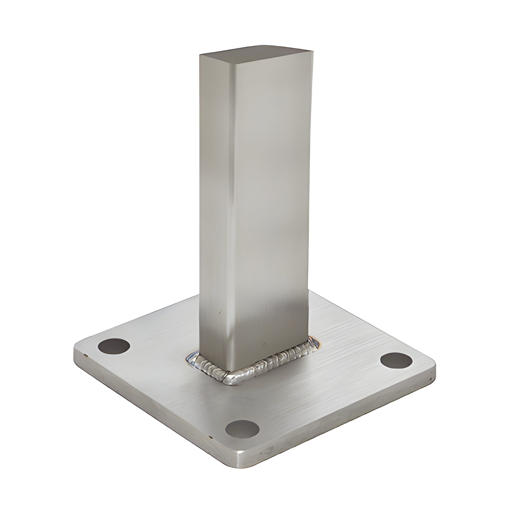P9BFS 316 stainless surface-mount stanchion: square post welded to 5" mill-finish base plate with four bolt holes.