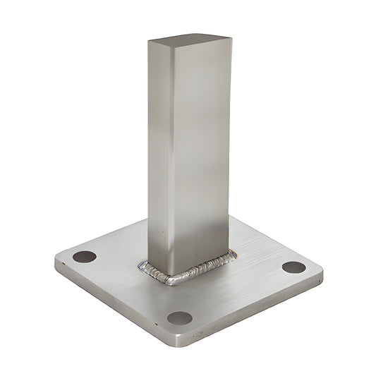 P9BFS 316 stainless surface-mount stanchion: square post welded to 5" mill-finish base plate with four bolt holes.