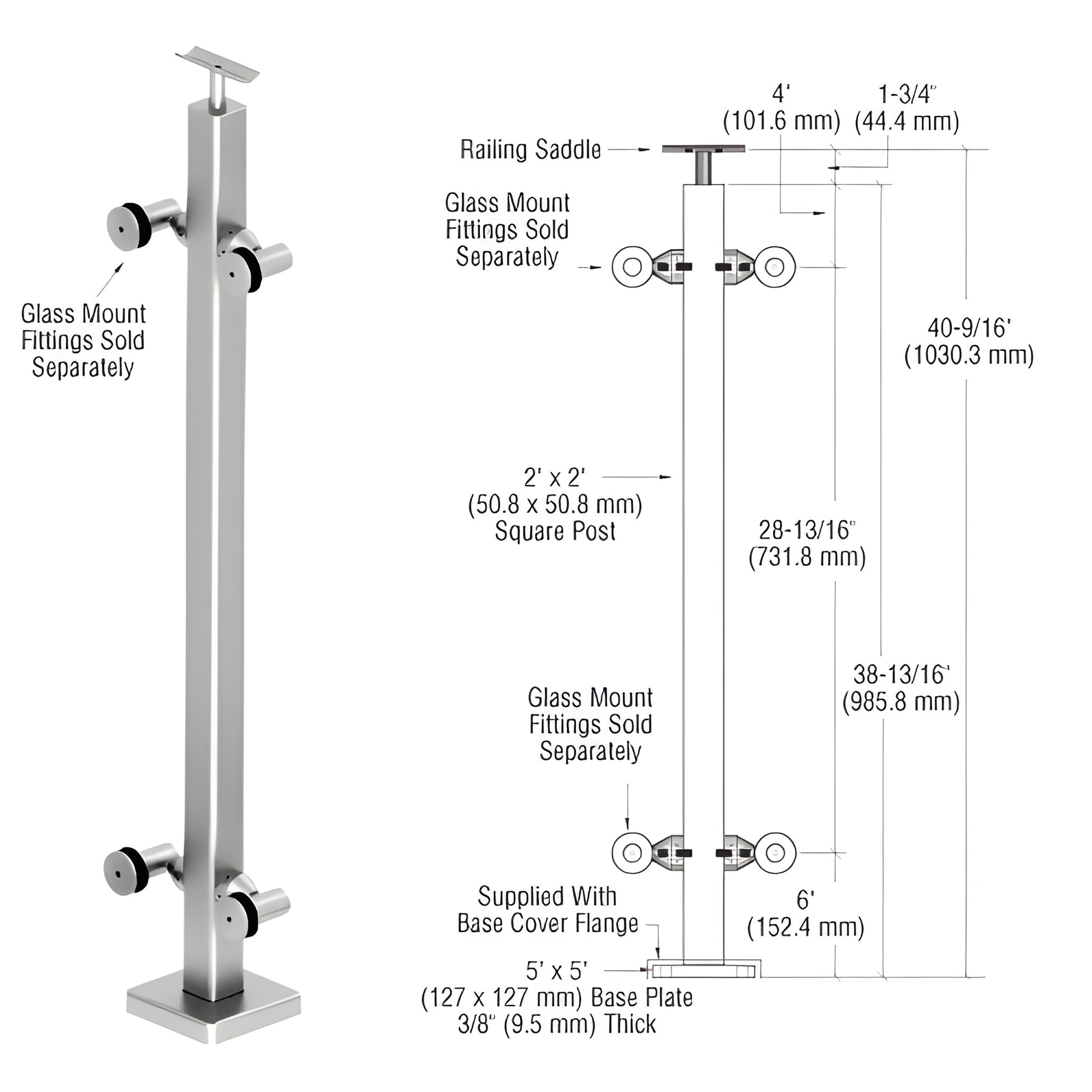 P142CPSC stainless steel 2" 2" surface-mounted post railing kit, 42" high with 5" 5" base plate; glass fittings sold separate