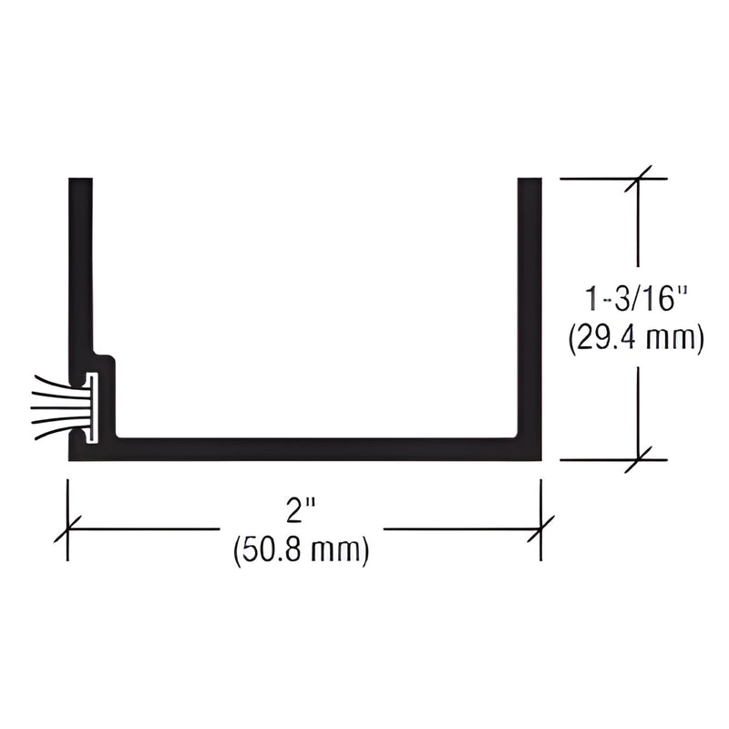 DA20111 clear-anodized 6063 T5 aluminum extrusion cross-section, 2" (50.8mm) wide x 1 3/16" (29.4mm) high, channel with gaske