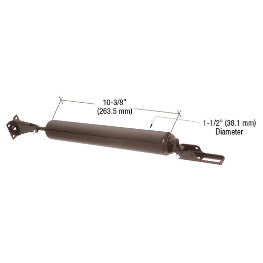 Chocolate-brown aluminum pneumatic door closer K5174, 10-3/8" long, 1-1/2" dia, adjustable closing speed, mounting brackets.