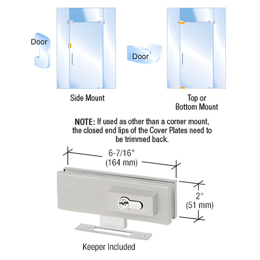 EUR205BS brushed stainless steel European style patch lock for tempered glass doors, keeper included, 2 in. tall