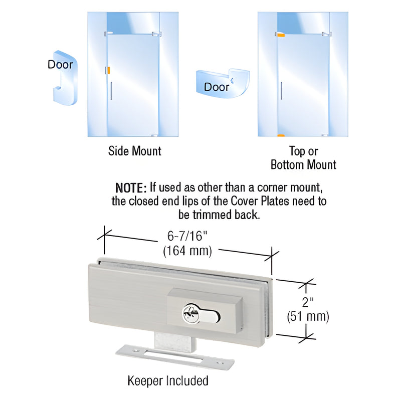 EUR205BS brushed stainless steel European style patch lock for tempered glass doors, keeper included, 2 in. tall