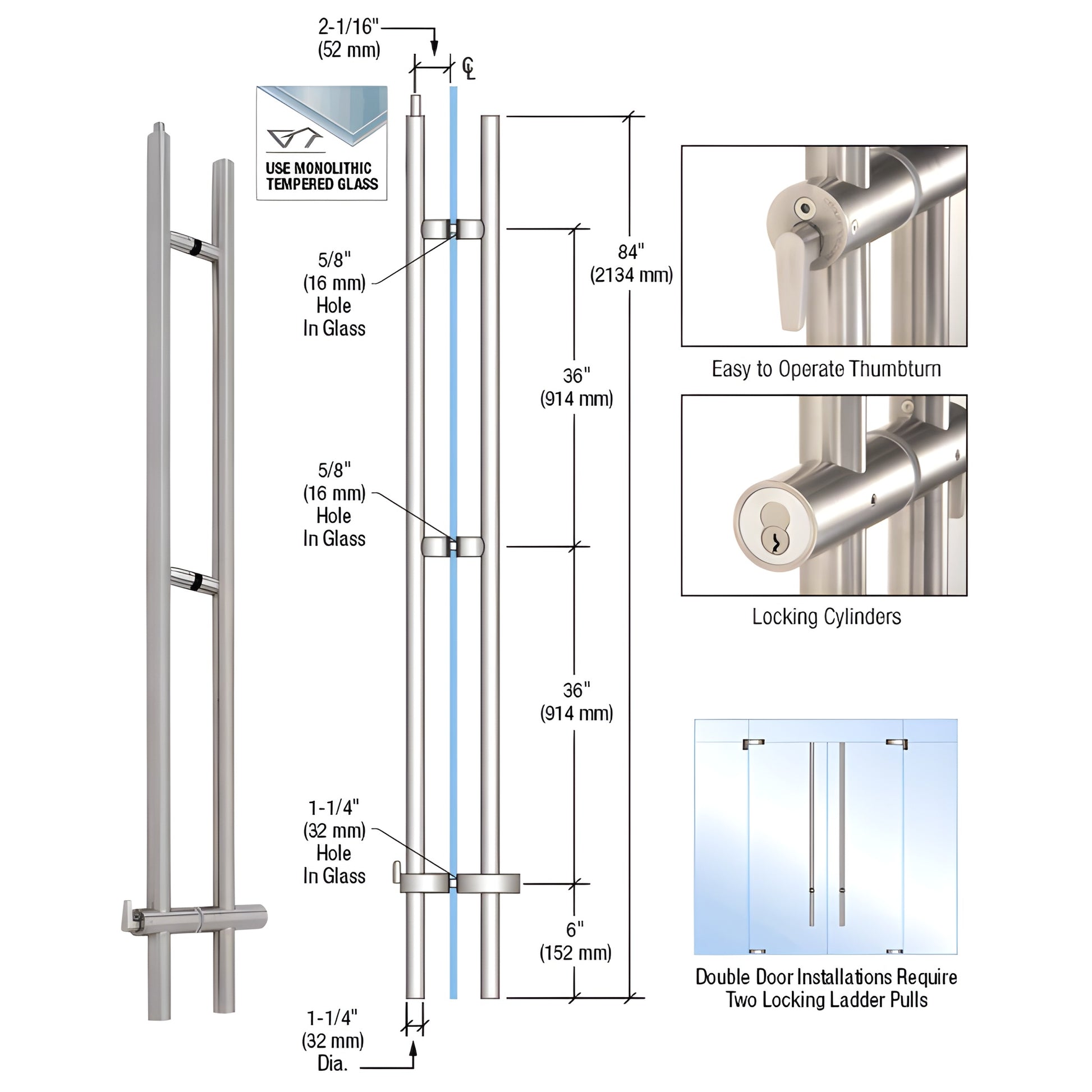 LLPUA84BS upward-locking 84 inch brushed 316 stainless ladder pull for 1/2-3/4 inch tempered glass doors with ADA thumbturn