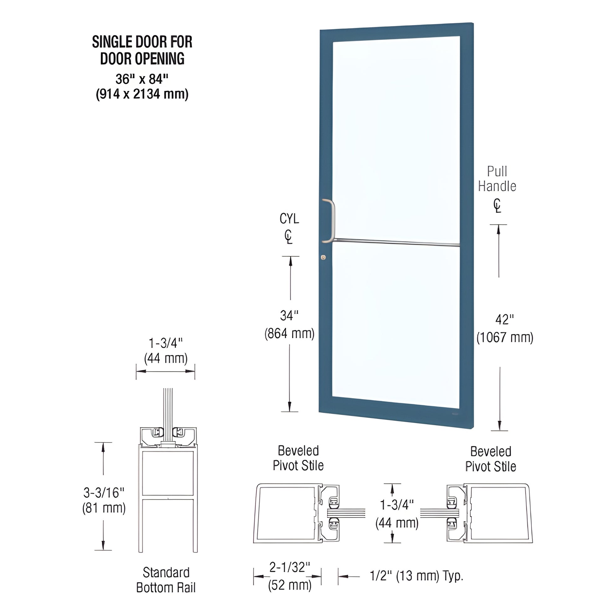 DC21871 Custom narrow-stile commercial entrance door, blue Kynar frame with large glass lite and push/pull hardware.