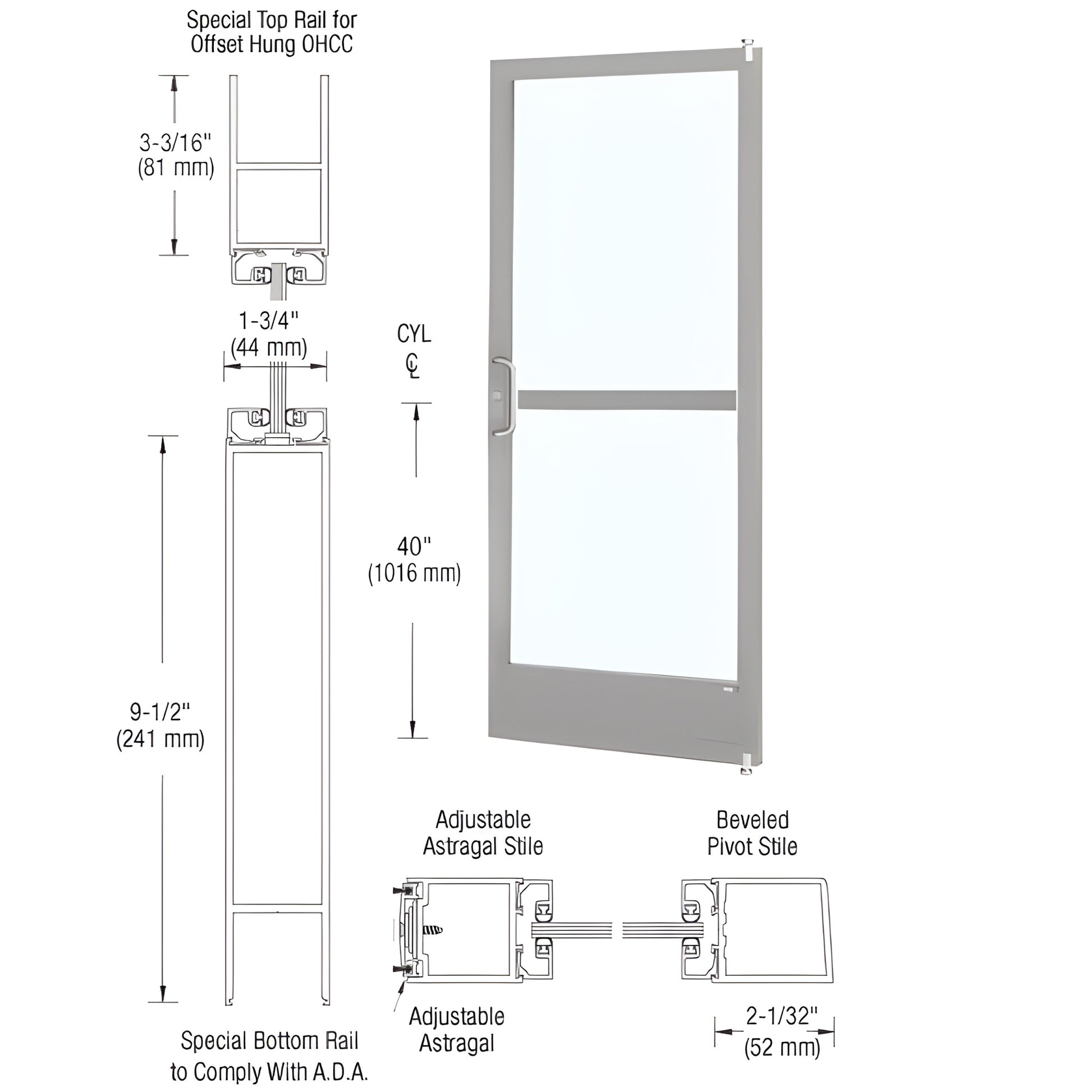 Clear anodized narrow-stile commercial entrance door CZ22111LA36105 with 9.5" ADA bottom rail and panic hardware