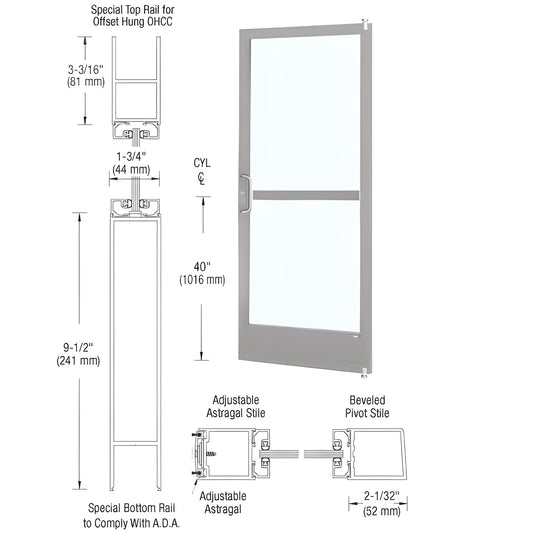 Clear anodized narrow-stile commercial entrance door CZ22111LA36105 with 9.5" ADA bottom rail and panic hardware