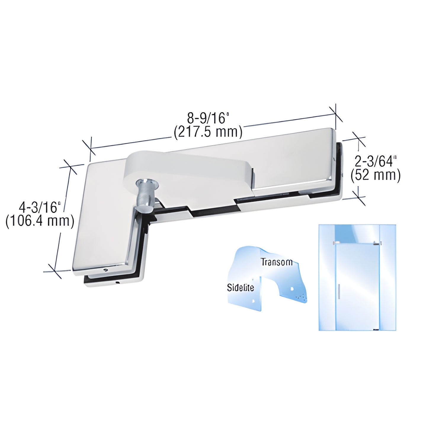 Polished stainless sidelite-mounted transom offset patch fitting SKU 0PF40RPS for 3/8-1/2" glass, 180 swing.