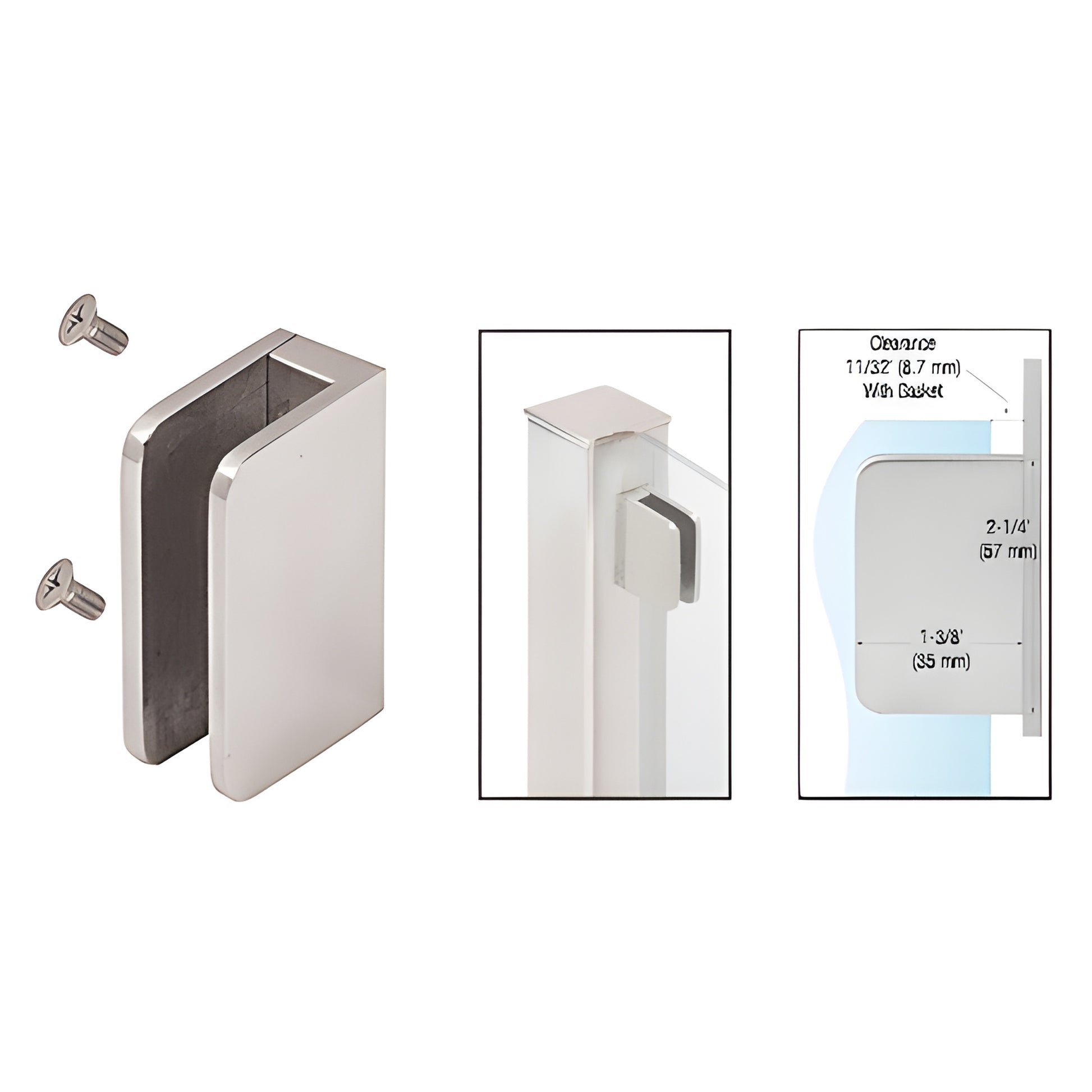 Stainless steel top flat back glass clip with screws and gasket, holds 1/4-3/8" glass on 1.5" posts (SKU SA87FBS)