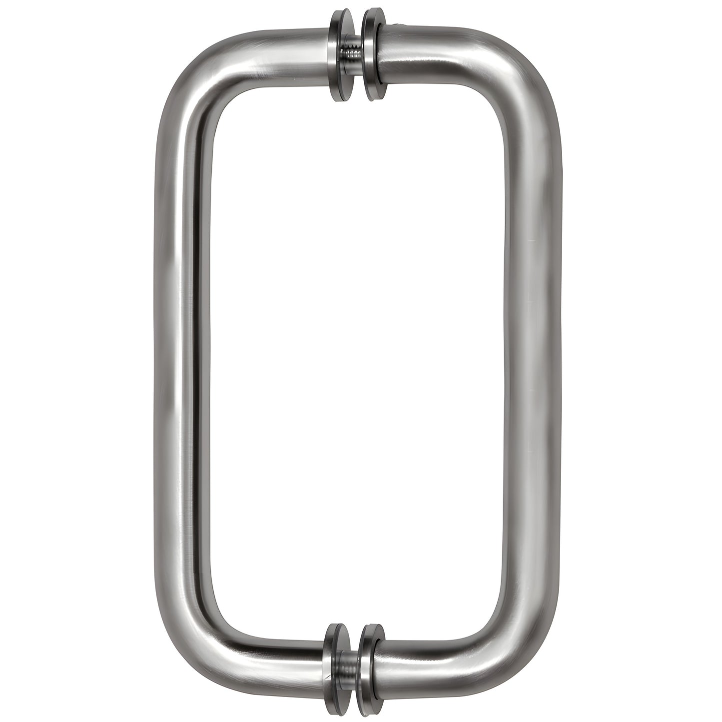 BM8X8BS: Brushed stainless steel 3/4" tubular back-to-back glass pull handle with metal washers, 8" center-to-center