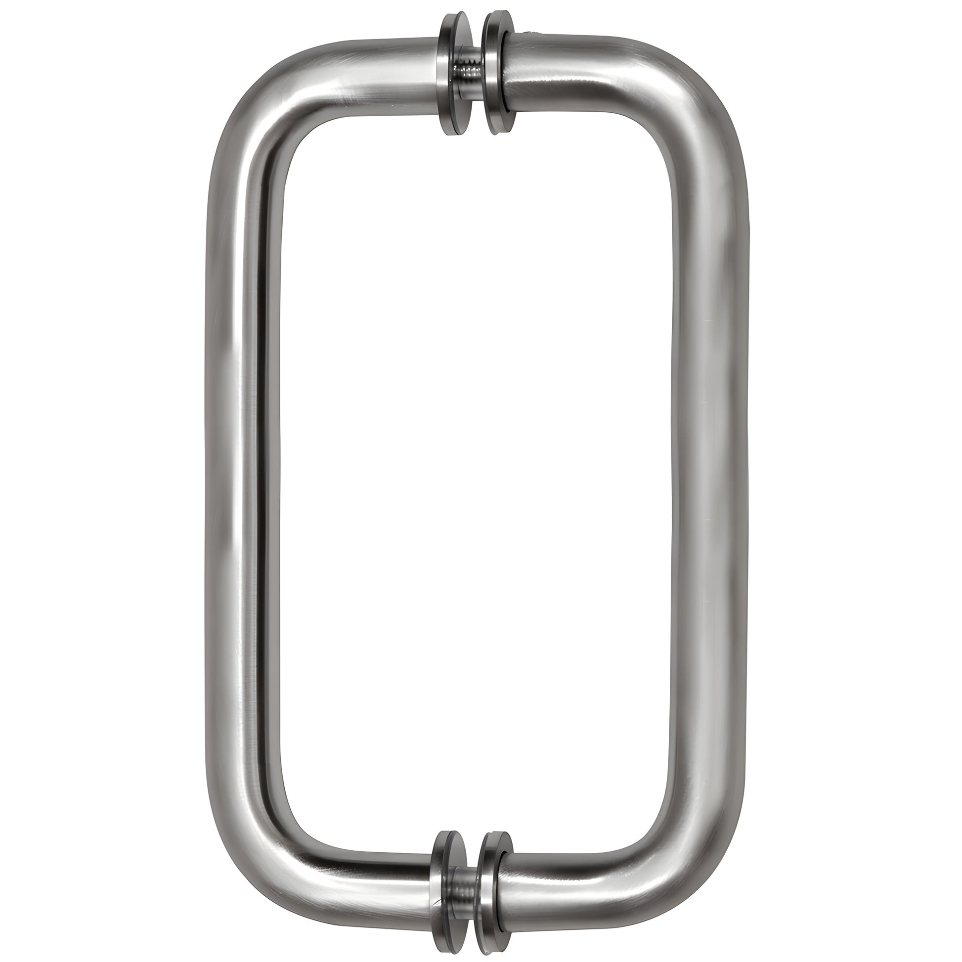 BM8X8BS: Brushed stainless steel 3/4" tubular back-to-back glass pull handle with metal washers, 8" center-to-center