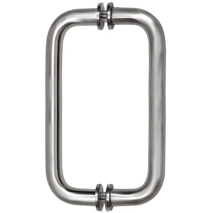 BM8X8BS: Brushed stainless steel 3/4" tubular back-to-back glass pull handle with metal washers, 8" center-to-center