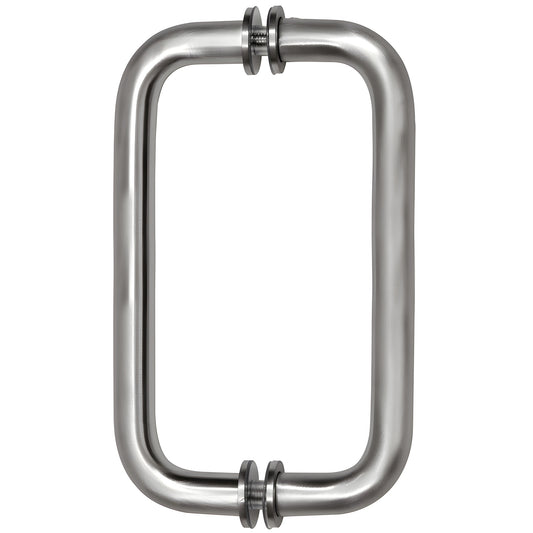 BM8X8BS: Brushed stainless steel 3/4" tubular back-to-back glass pull handle with metal washers, 8" center-to-center