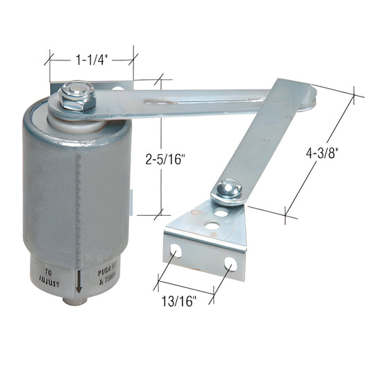 MPR800 rotary hydraulic door closer, aluminum finish for lightweight screen/storm doors, adjustable closing, 180 opening.