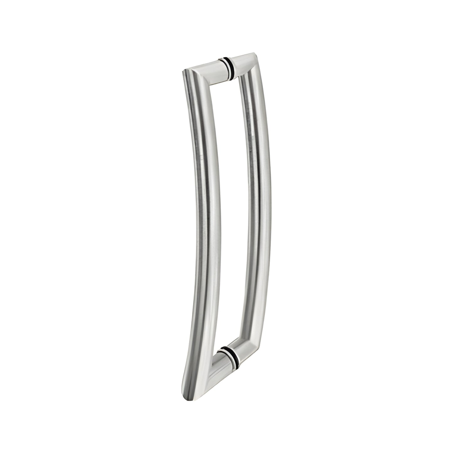 RC12X12BS brushed stainless curved 12in tubular glass door pull handle, 1in diameter, back-to-back mount