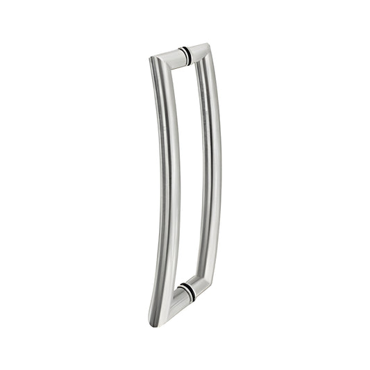 RC12X12BS brushed stainless curved 12in tubular glass door pull handle, 1in diameter, back-to-back mount