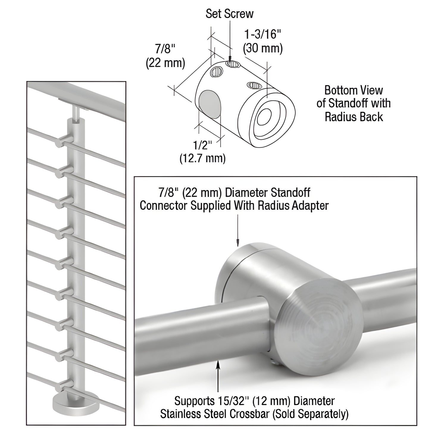 CBR5BS brushed 316 stainless radius standoff connector for 12 mm crossbar, slip-fit to 11 2-2 posts, no exposed fasteners.