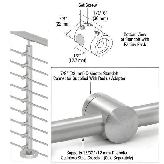 CBR5BS brushed 316 stainless radius standoff connector for 12 mm crossbar, slip-fit to 11 2-2 posts, no exposed fasteners.