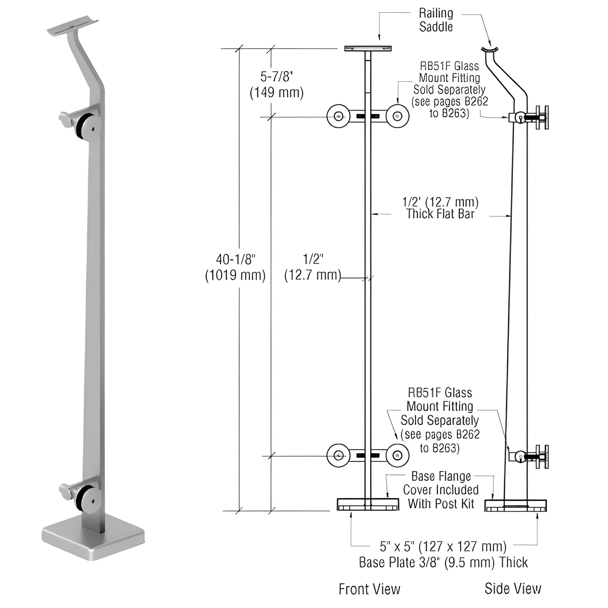 Stainless steel P5 glass railing post with 5x5 in base plate, glass mount fittings sold separately (SKU P542REBS)