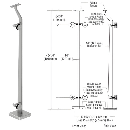 Stainless steel P5 glass railing post with 5x5 in base plate, glass mount fittings sold separately (SKU P542REBS)