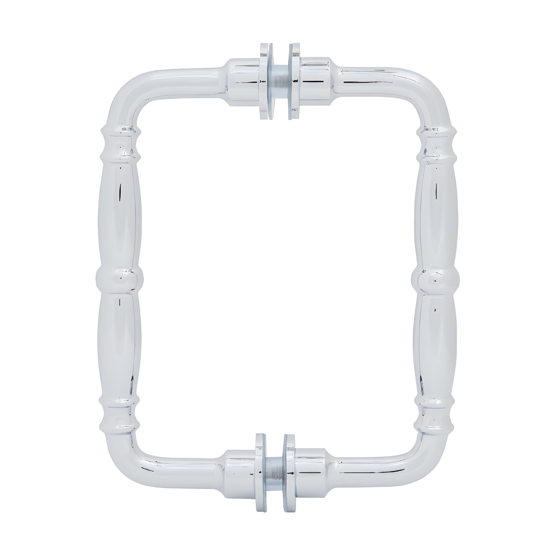 Polished chrome Victorian-style solid brass rectangular shower door pull, back-to-back glass mount with protective washers.