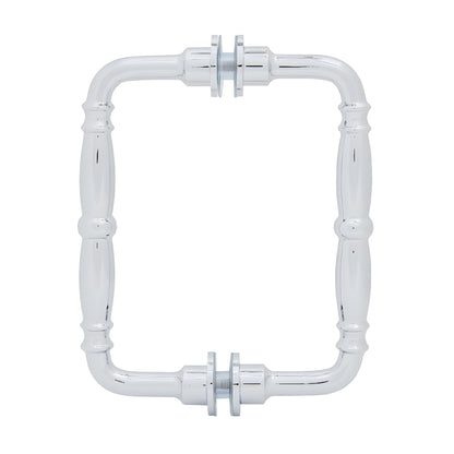 Polished chrome Victorian-style solid brass rectangular shower door pull, back-to-back glass mount with protective washers.
