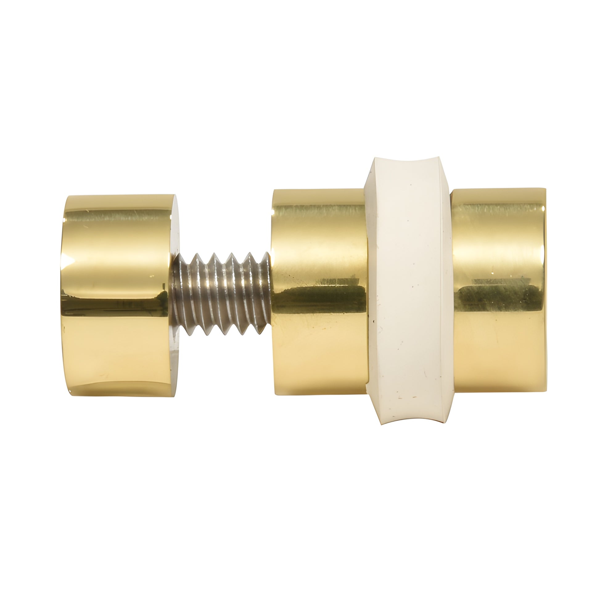 GSR600BR polished brass through-glass shelf rest with 1/4-20 threaded rod and white spacer, for 1/4" tempered glass.