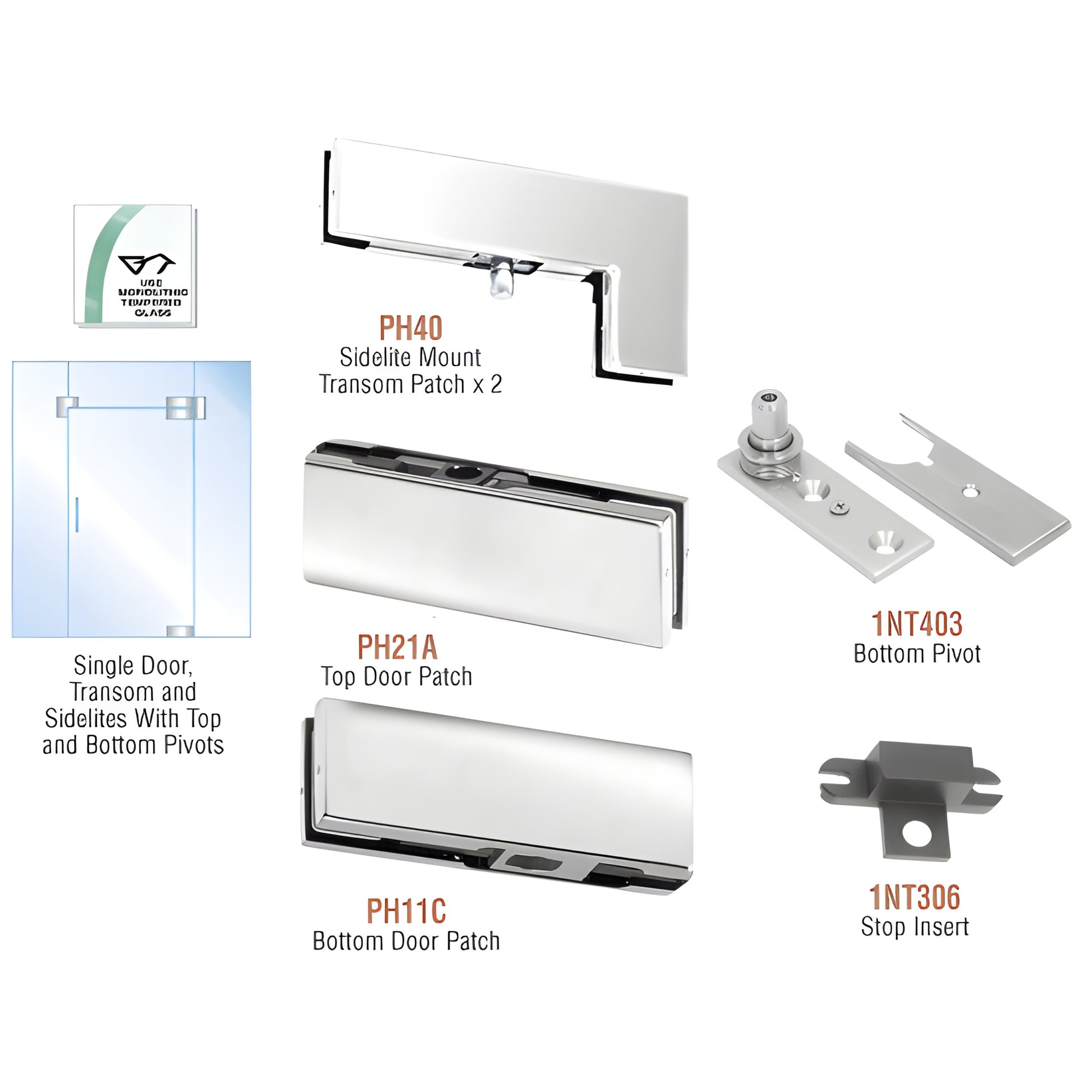 Polished stainless steel pivot door patch kit with PH40, PH21A, PH11C, 1NT403, 1NT306 - SKU PHE5PS