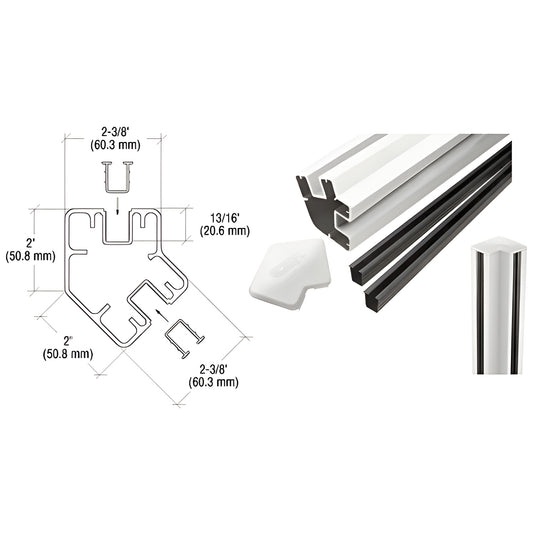S605KW sky-white aluminum 135 corner rectangular post kit, 60 in length, for 1/4-1/2 in glass, includes cap and vinyl seals.