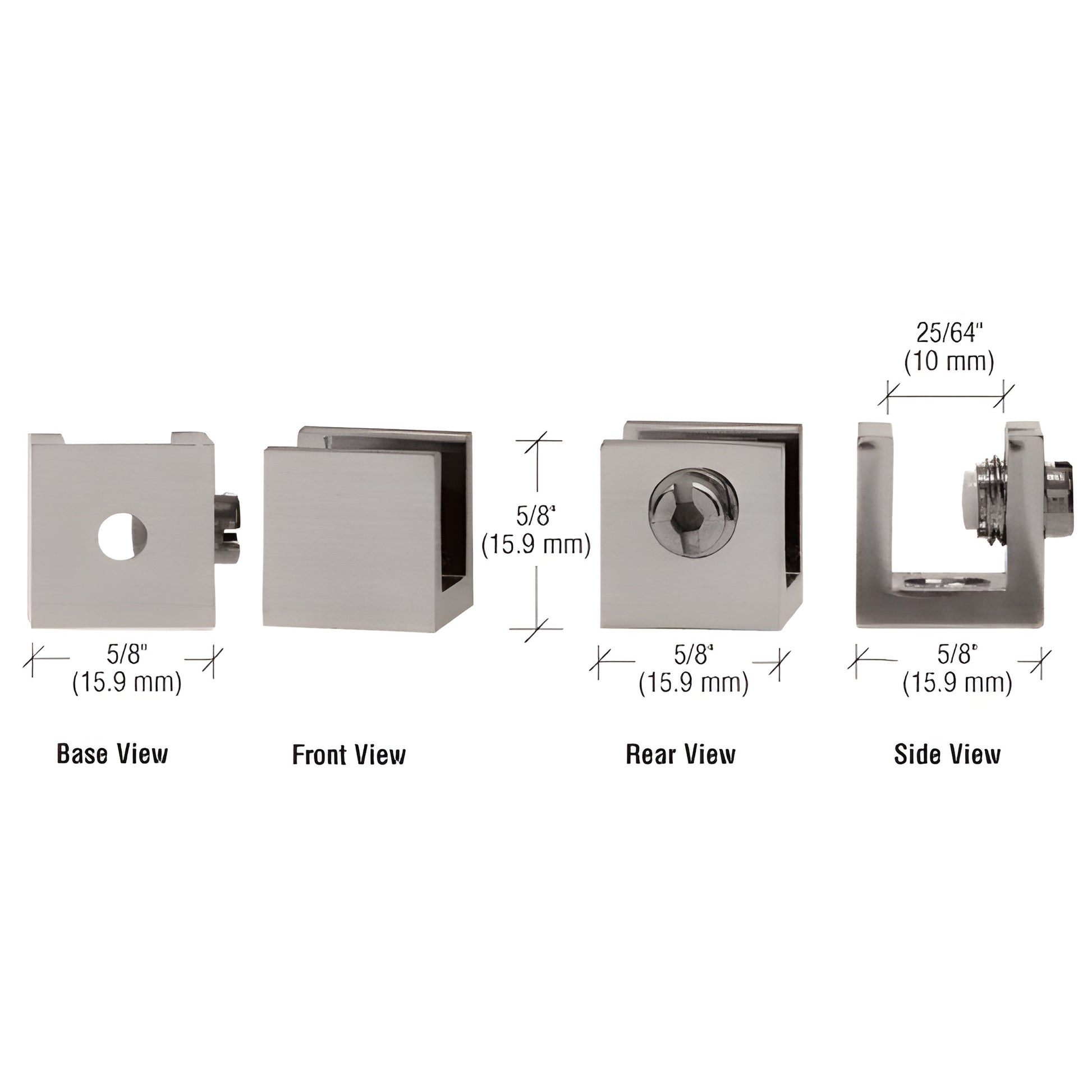 EH27 brushed-nickel brass set-screw glass clamp, 5/8 in cube, fits 6-8 mm (1/4-5/16 in) glass, multiple views.
