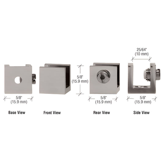 EH27 brushed-nickel brass set-screw glass clamp, 5/8 in cube, fits 6-8 mm (1/4-5/16 in) glass, multiple views.