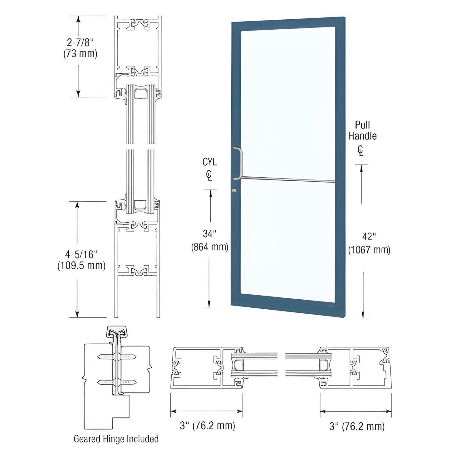CRL narrow-stile commercial entrance door, blue Kynar finish with tempered glass and pull handle - SKU 1D21871