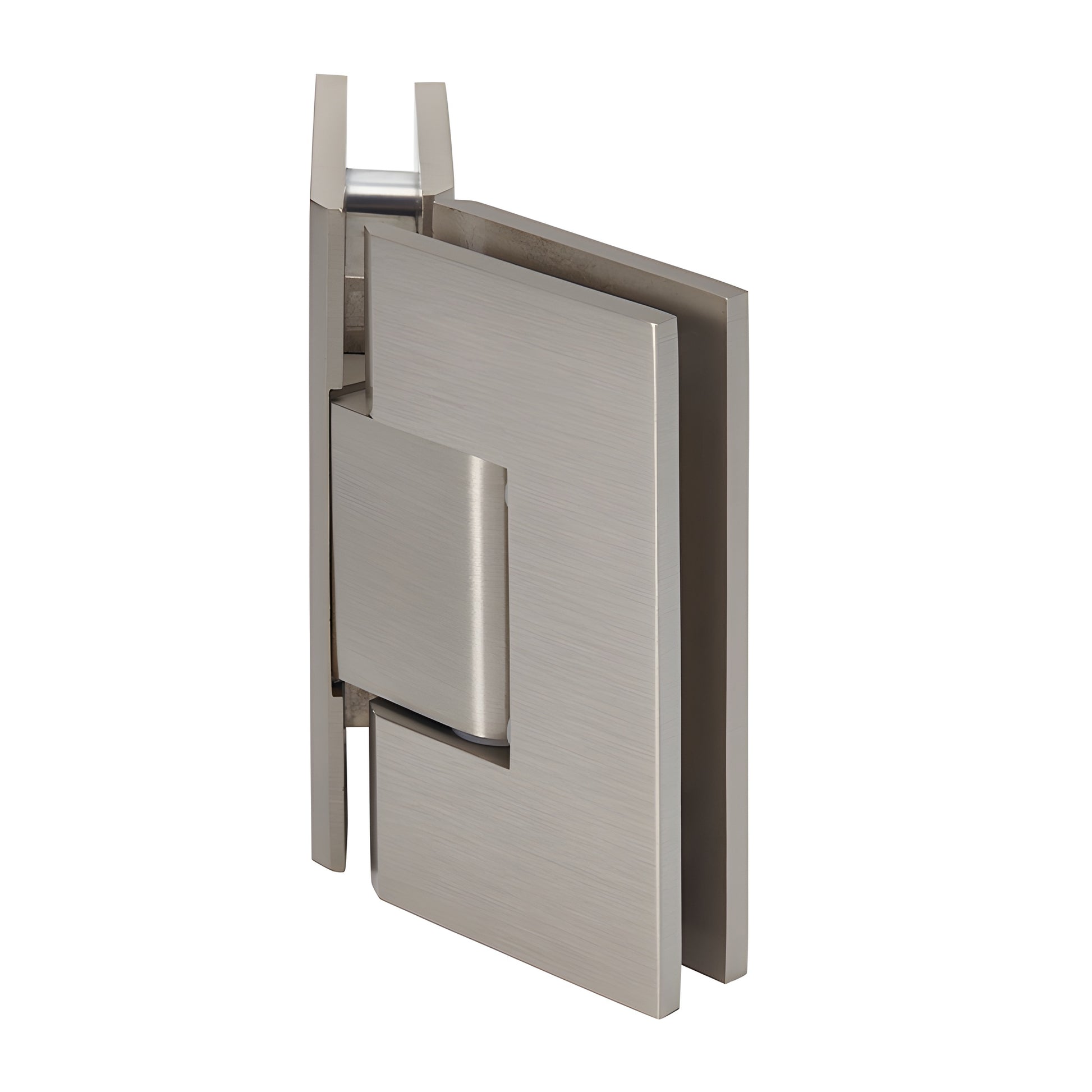 Brushed nickel Geneva glass-to-glass shower hinge (GEN045BN), solid brass, 135 self-centering, fits 8-12 mm tempered glass.