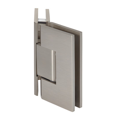 Brushed nickel Geneva glass-to-glass shower hinge (GEN045BN), solid brass, 135 self-centering, fits 8-12 mm tempered glass.
