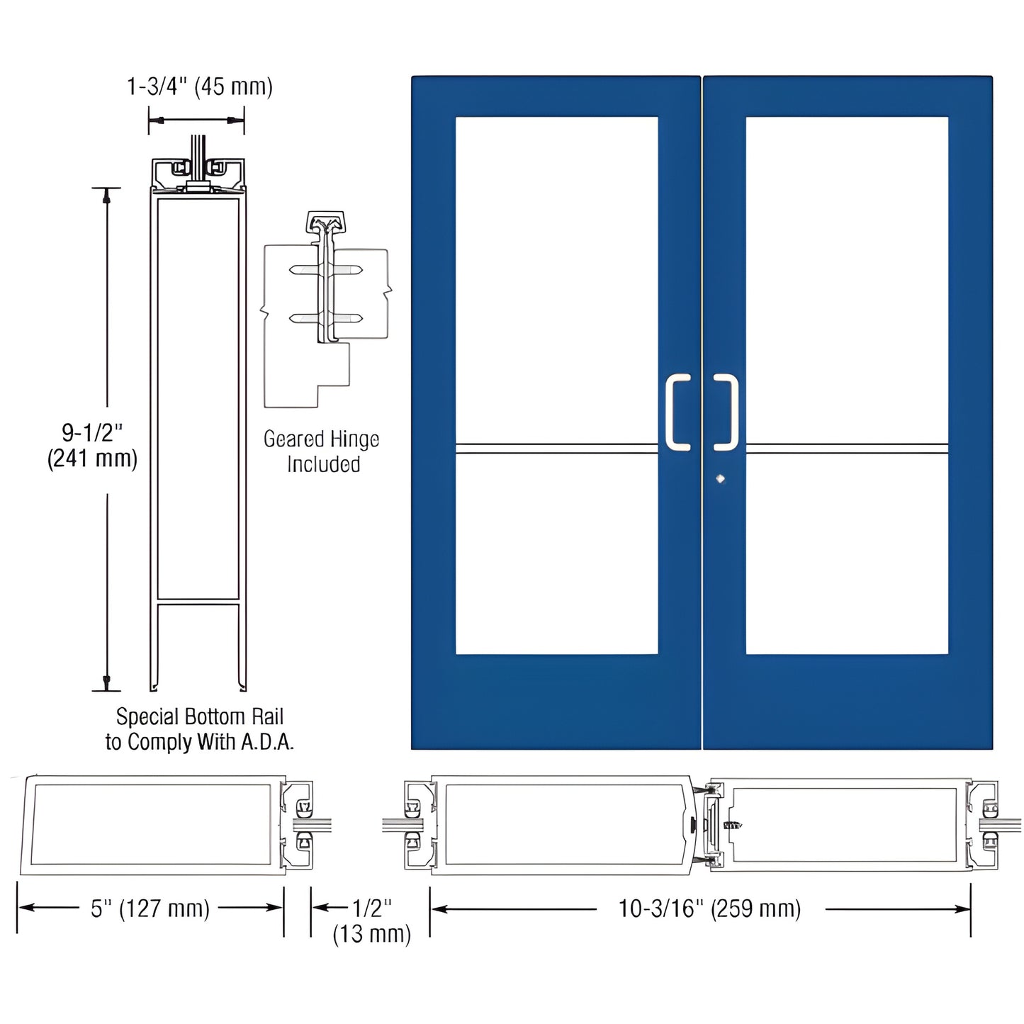 DE52871: Custom Kynar double commercial entrance doors, blue wide-stile pair with glass panels, 91 2" ADA bottom rail.