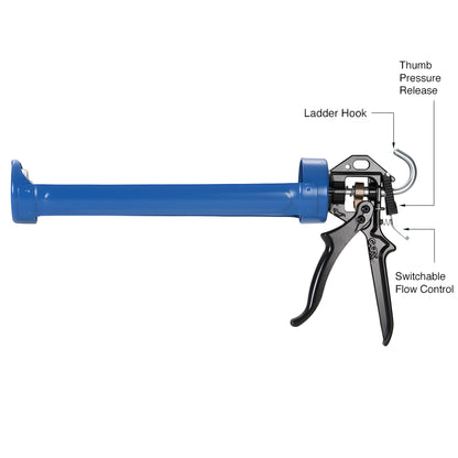CRL Cox WG41002 quart-size strap-frame caulking gun, blue barrel with black ergonomic handle, fits 29 fl. oz cartridges.