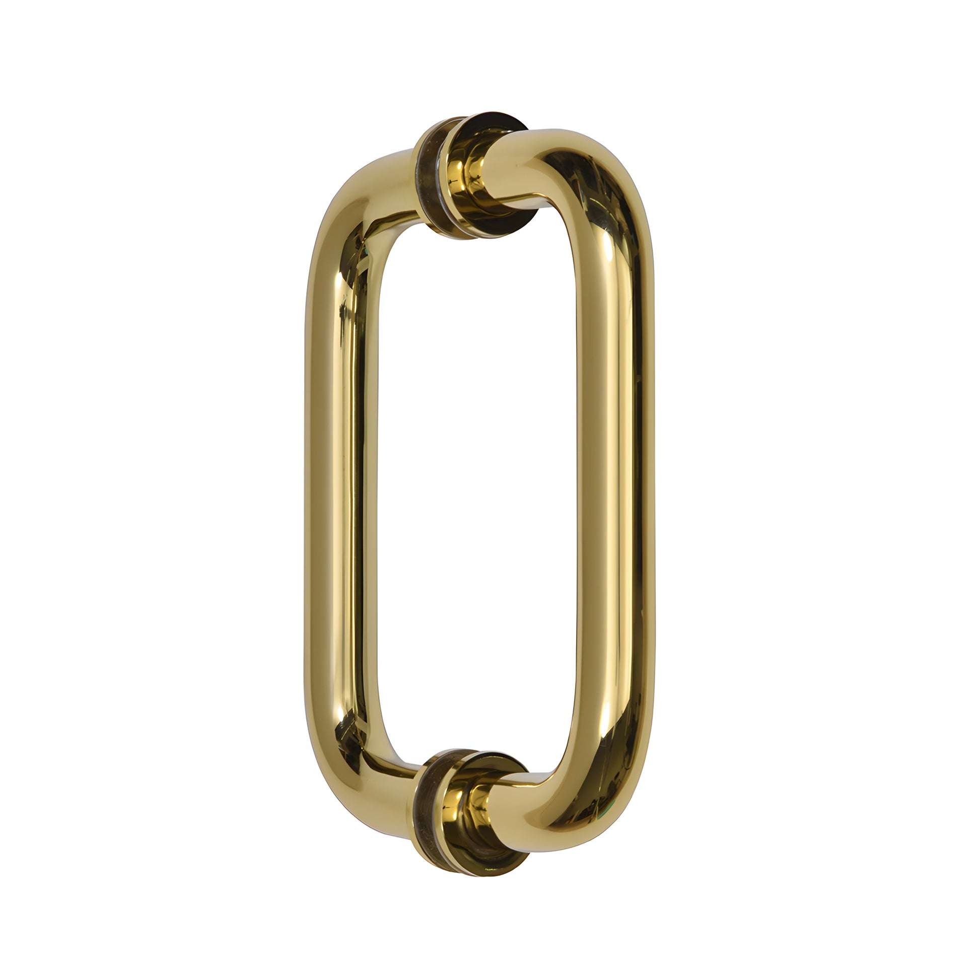 Polished brass back-to-back tubular glass door pull handle with decorative metal washers, 6" center-to-center (SKU BM6X6BR)