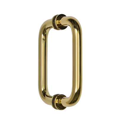 Polished brass back-to-back tubular glass door pull handle with decorative metal washers, 6" center-to-center (SKU BM6X6BR)