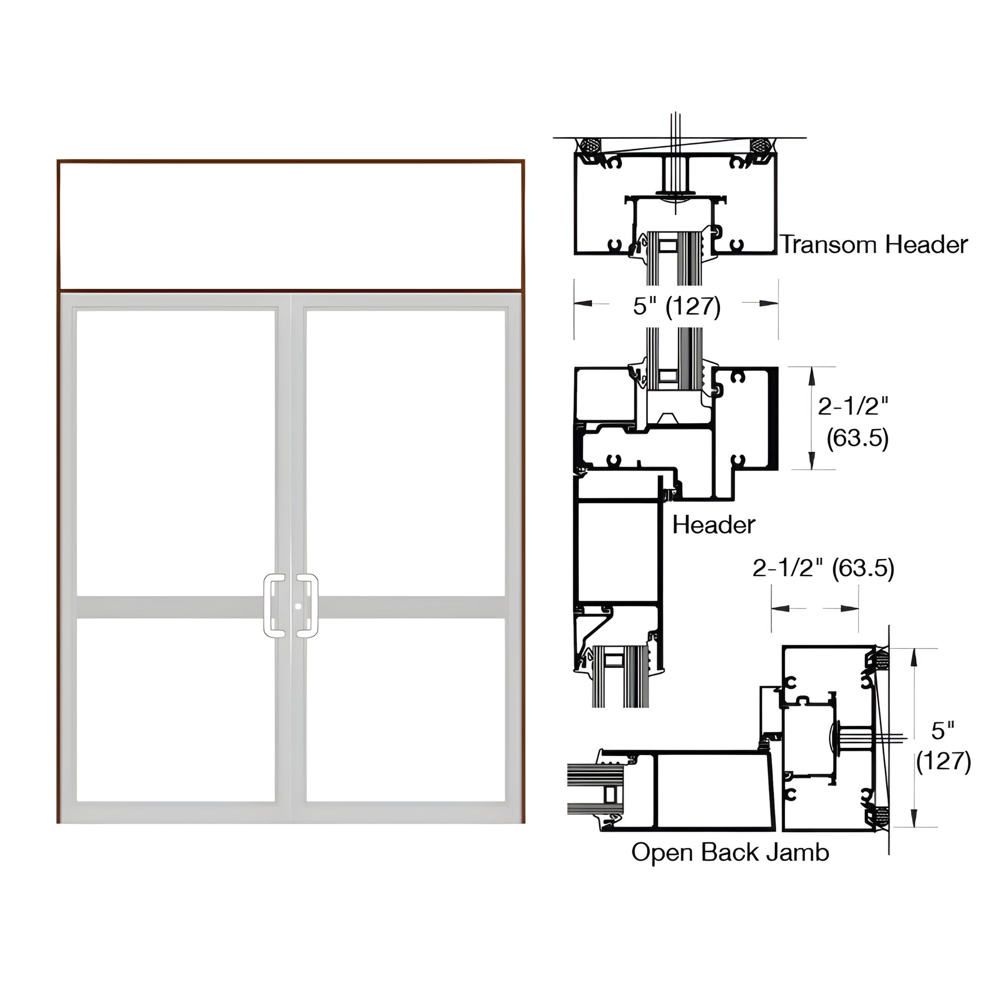 Custom double transom impact door frame, clear anodized, 2-1/2 x 5 in transom, SKU 0P92511.