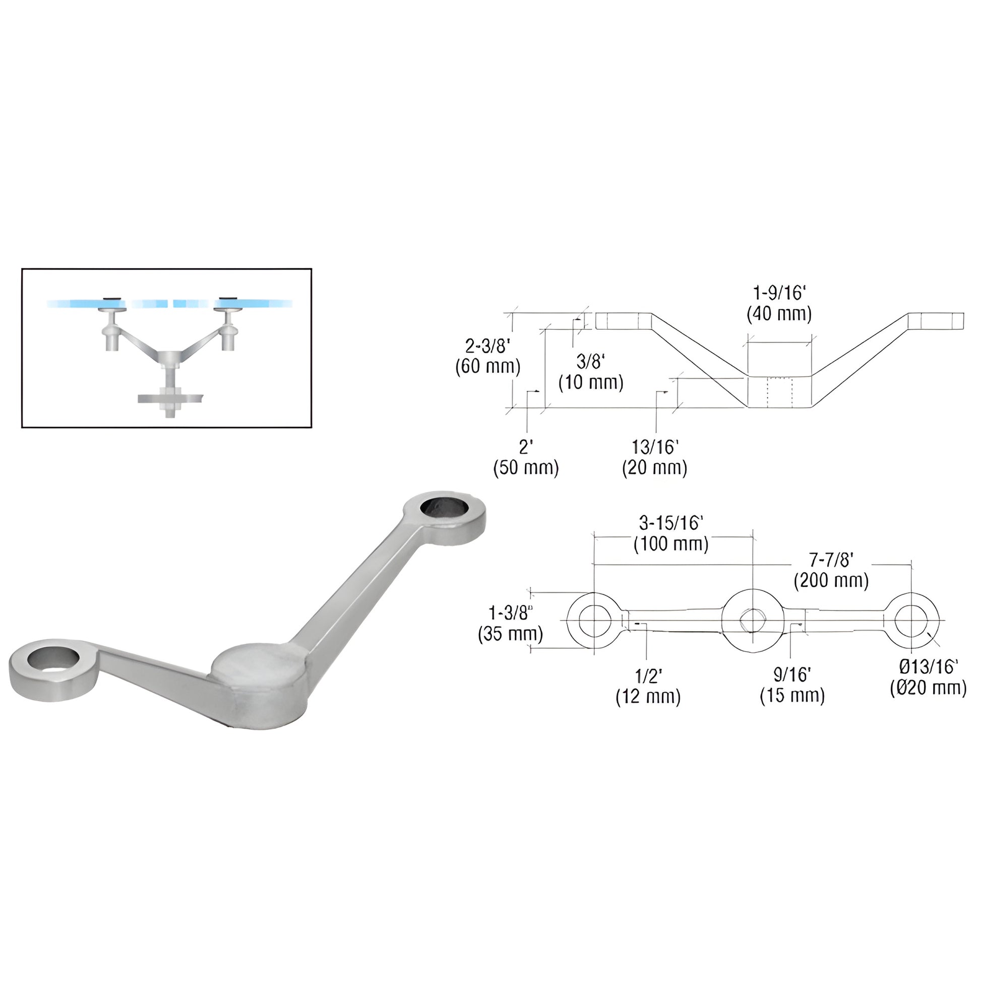 CRL PMR2BS stainless steel double-arm fitting for two inline glass panels with dimension diagram