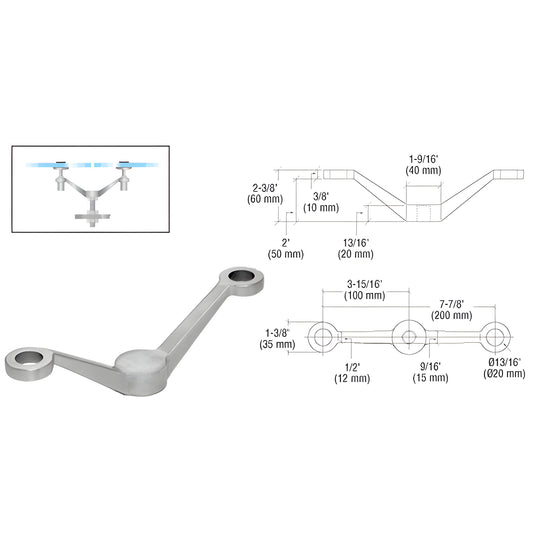 CRL PMR2BS stainless steel double-arm fitting for two inline glass panels with dimension diagram