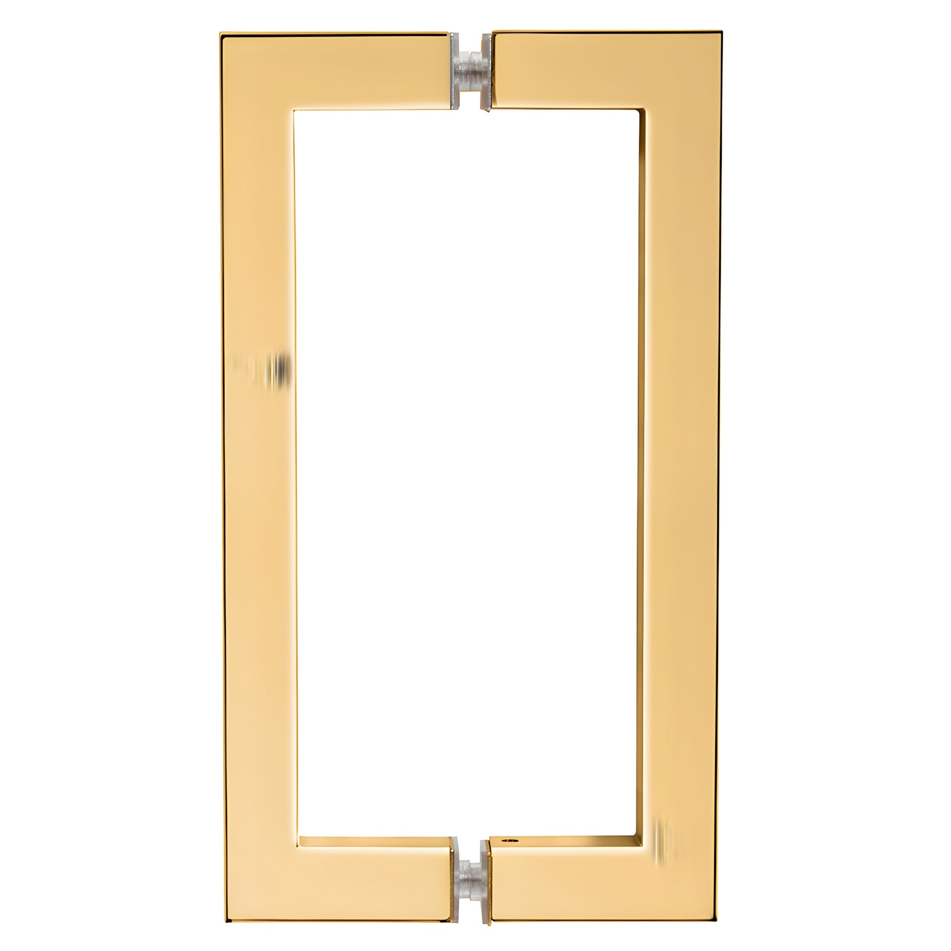 French gold square corner tubular brass glass door pull, 8" center to center, back to back (SKU SQ8X8FG)