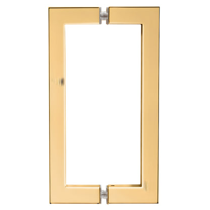 French gold square corner tubular brass glass door pull, 8" center to center, back to back (SKU SQ8X8FG)