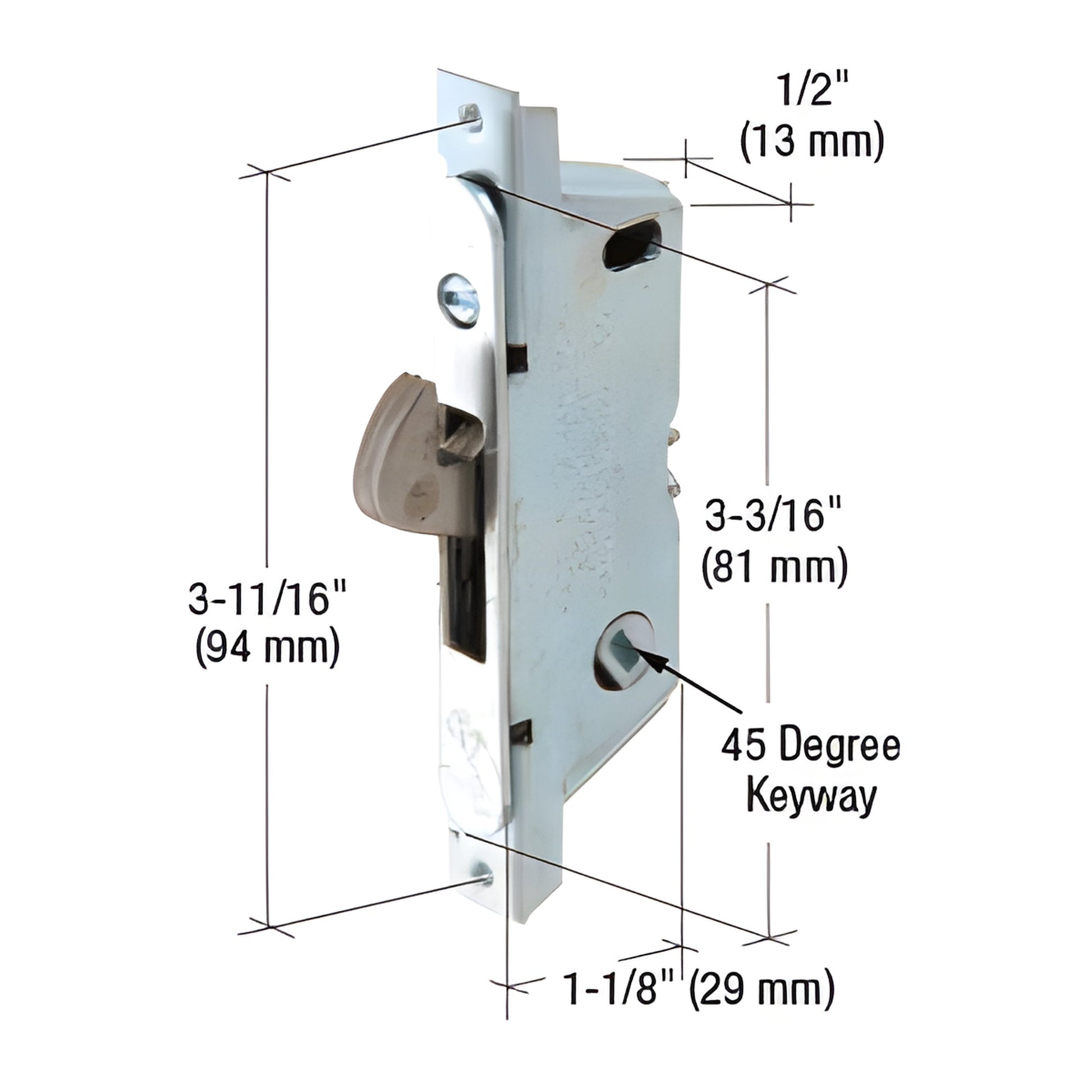 CRL mortise lock E2119 for Adams Rite - steel 1/2" housing, 45 keyway, spring latch, 3-11/16" (94mm) screw centers.