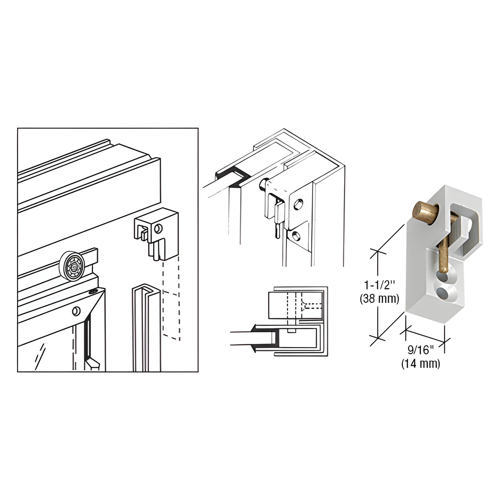 Left-hand satin anodized aluminum pass-thru window catch (SKU D53ALH) diagram showing installation and 1-1/2" 9/16" dimensi